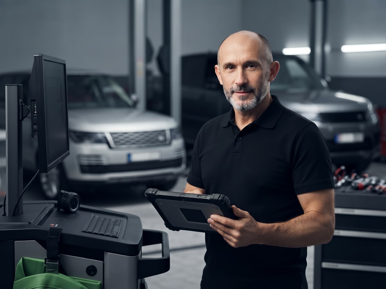 Elinde arıza tespit tableti olan bir usta; arkada liftlerde Range Rover araçlar